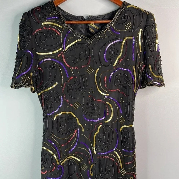 VINTAGE Glamour Silk Sequinned Beaded Dress Black Cocktail Shoulder Pads Size S - Picture 3 of 12